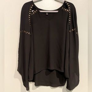 Rock & Republic Black Sheer Blouse Long Sleeve Flowy Metallic Accent Size LARGE